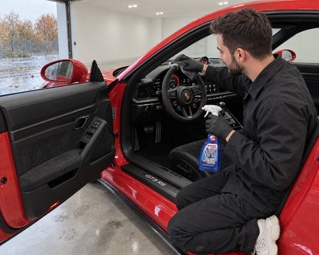 Detailing1 Hero: fabric cleaner — cleaning an Alcantara steering wheel with SONAX XTREME Polster+AlcantaraReiniger (Desktop)