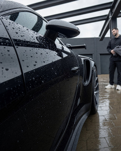Fertig gewaschener schwarzer Porsche 911 GT3 RS, Tauperlen auf der spiegelnden Flanke, Daniel mit Trockentuch am Bildrand.