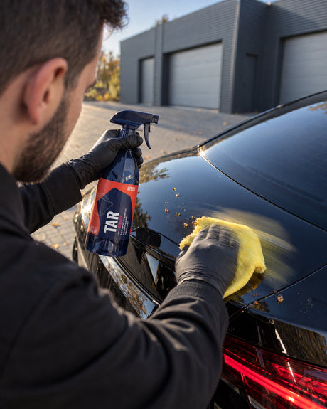 Detailing1 removing tree sap — GYEON Q²M Tar (REDEFINED) and a microfibre cloth on the boot lid, no pressure