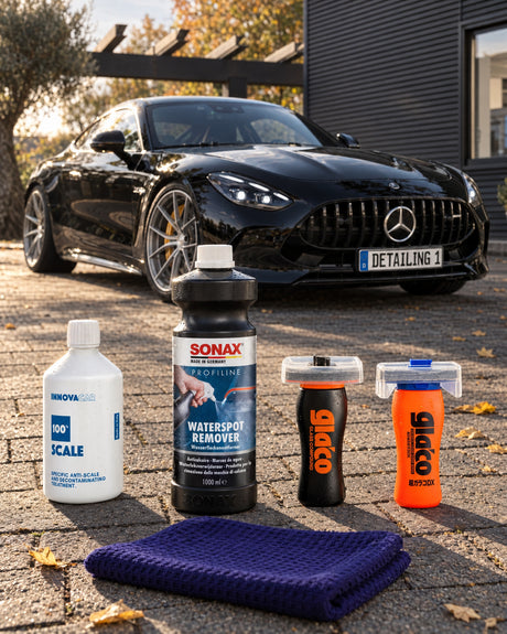 INNOVACAR "100%" Scale, SONAX PROFILINE Waterspot Remover, Soft99 Glaco Glass Compound Roll On, Soft99 Glaco DX and THE COLLECTION "Waffle" — shown in the article “Removing limescale spots from car windows without scratching the glass”