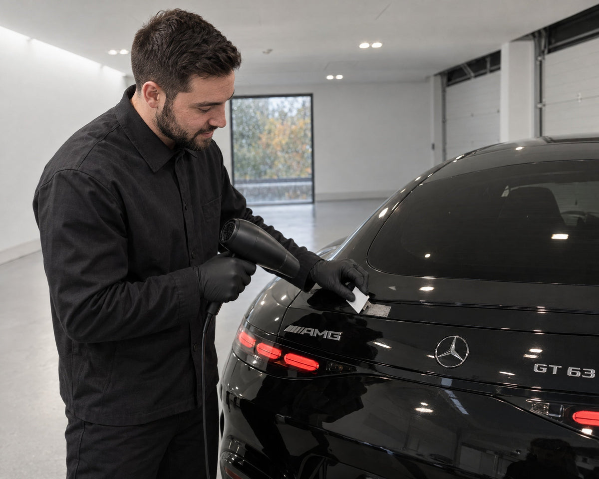 Detailing1 removing a sticker on a black Mercedes-AMG GT 63 — hairdryer warms the adhesive, plastic card lifts the corner