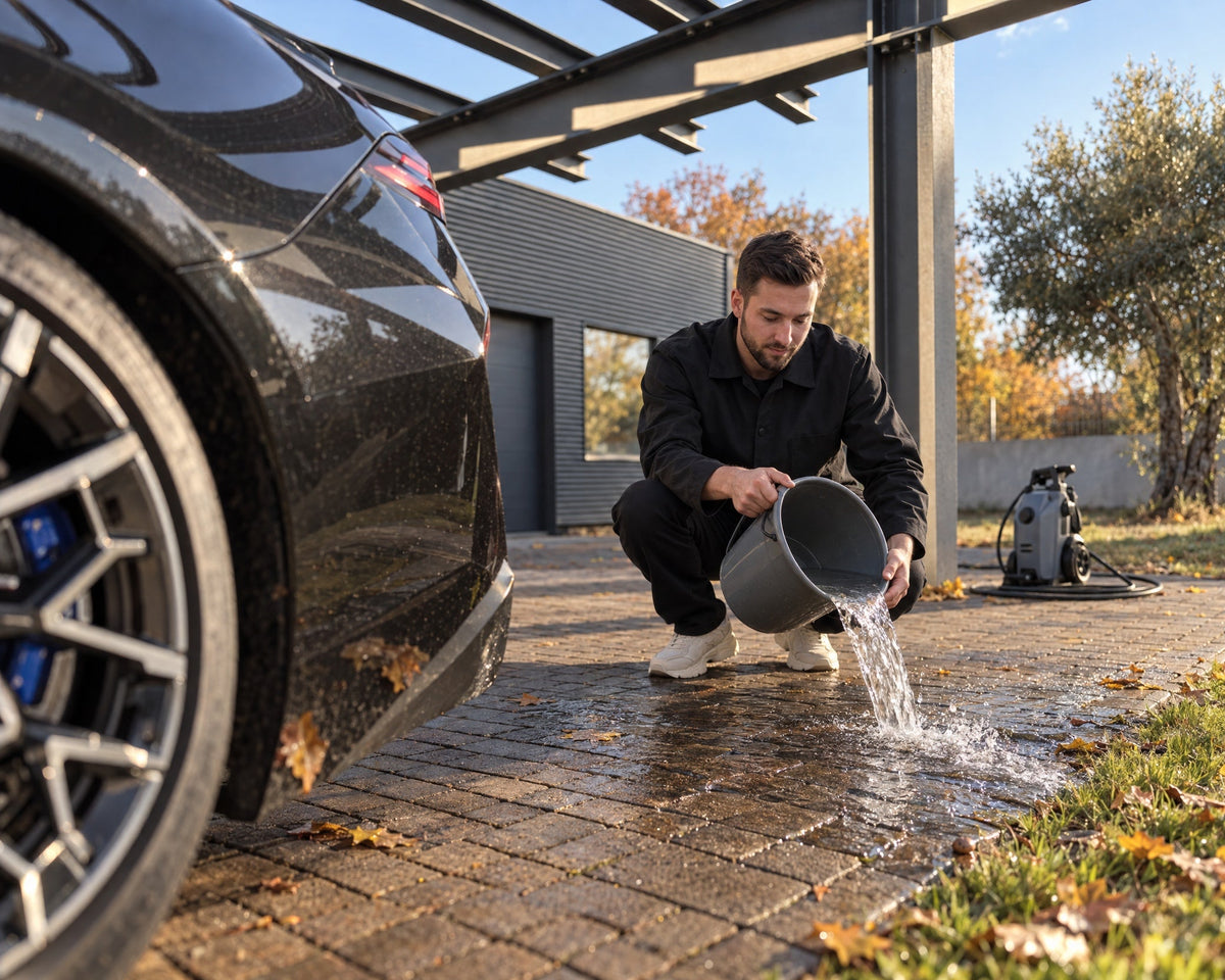 Detailing1 Auto thuis wassen — Daniel giet water op de bestrating van de carport naast de BMW M5 en kijkt waar het heen loopt