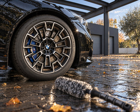 THE COLLECTION Flex Brush microvezel velgenborstel op nat plaveisel voor de remstofvelg van een zwarte BMW M5
