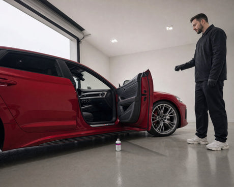 Daniel lüftet den roten Audi RS 5 in der Halle, COLOURLOCK Fresh Up Geruchsneutralisierer 250 ml auf dem Boden