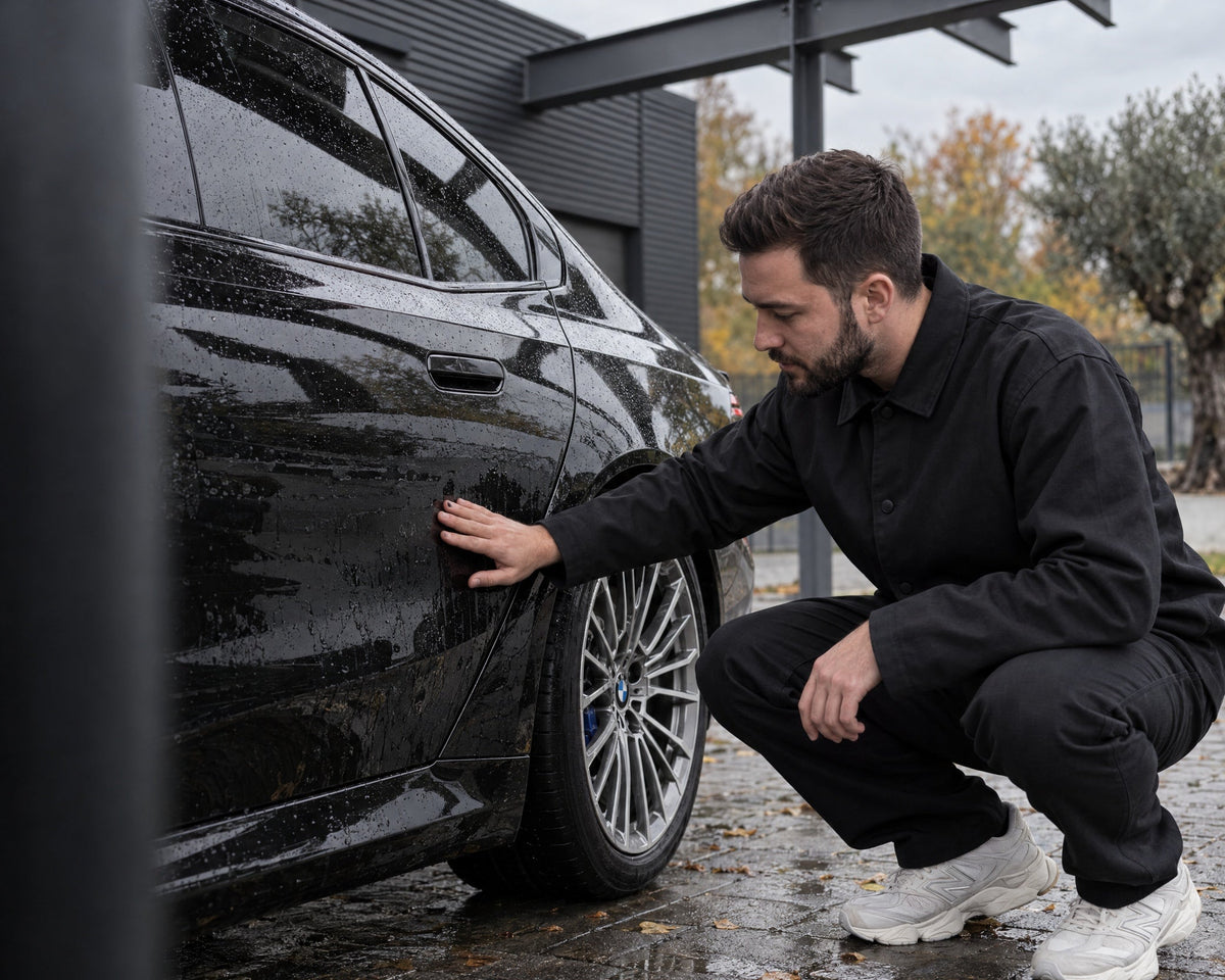 Detailing1 lakbeschermingscheck op de zwarte BMW M5 — Daniel controleert het spoelwater bij het achterportier vóór de winter