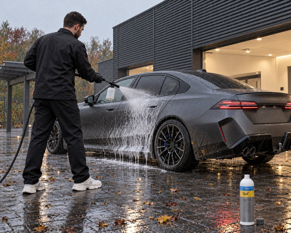 Detailing1 Mattlack pflegen: Daniel schäumt eine mattgraue Limousine im Regen mit Koch-Chemie Gentle Snow Foam "Gsf" vor