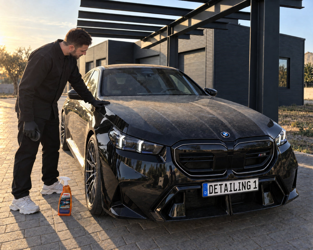Detailing1 SONAX XTREME Ceramic Spray-Versiegelung 750 ml — Staubfilm auf dem schwarzen BMW M5 kurz vor dem Versiegeln
