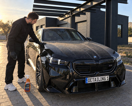 Detailing1 SONAX XTREME Ceramic Spray-Versiegelung 750 ml — Staubfilm auf dem schwarzen BMW M5 kurz vor dem Versiegeln