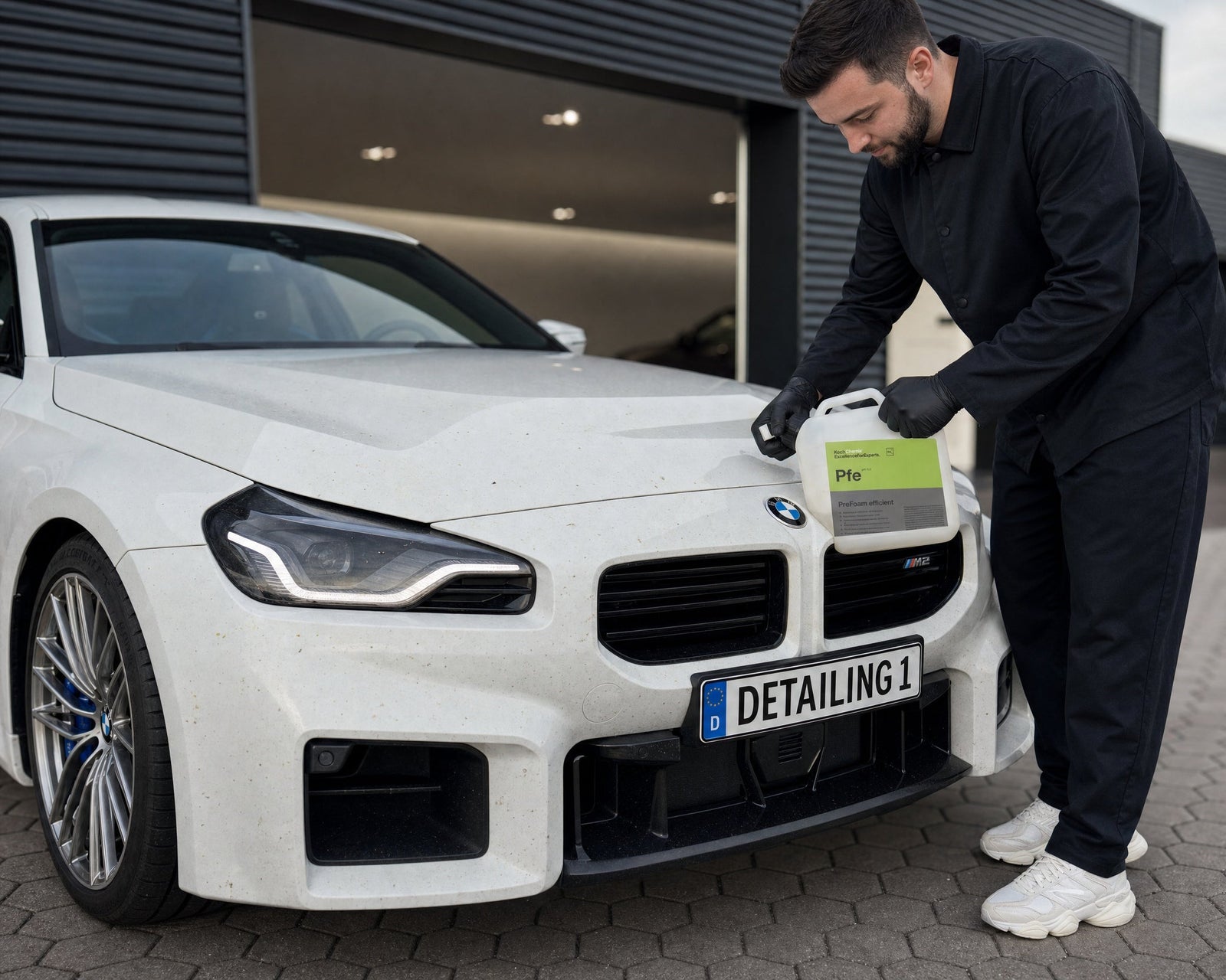 Daniel am weißen BMW M2 mit Pre-Foam vor der Sommer-Insektenwäsche — gezeigt im Artikel „Insekten und Pollen vom Auto entfernen ohne Lackschäden“