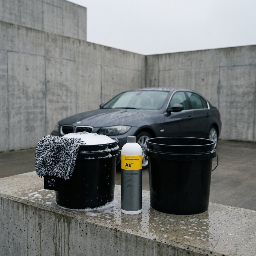 Zwei schwarze Wascheimer mit Schmutzsieb und Koch-Chemie Autoshampoo auf Betonvorplatz — Die Zwei-Eimer-Methode für kratzerfreie Autowäsche