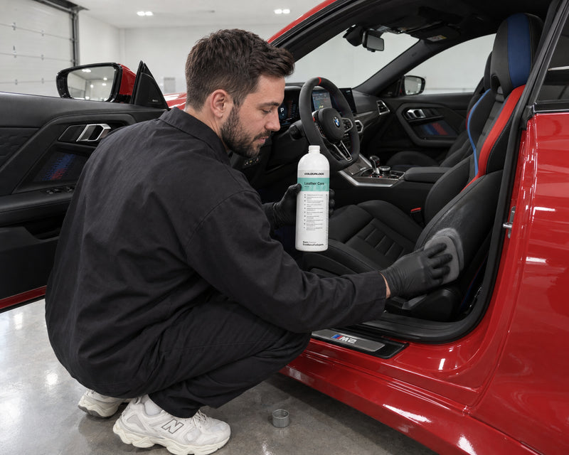 Detailing1 hero: leerverzorging — COLOURLOCK Leather Care verzorgt gepigmenteerd glad leer op een BMW M2-stoel (desktop)