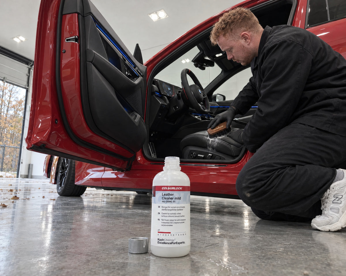 Detailing1 Hero: lederreiniger — glad leer in een BMW reinigen met COLOURLOCK Leather Cleaner Mild (Desktop)
