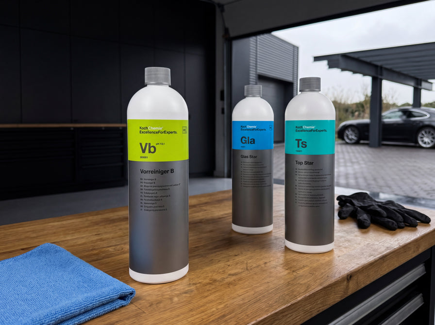 Pollen-Schutz-Trio: Koch-Chemie Vorreiniger B Vb, Glas Star Gla und Top Star Ts auf Werkbank in Detailing1-Werkstatt