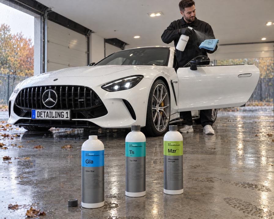 Detailing1 Spotlight: Koch-Chemie Glas Star Gla, Top Star Ts en Mehrzweckreiniger Mzr voor een witte Mercedes-AMG GT 63