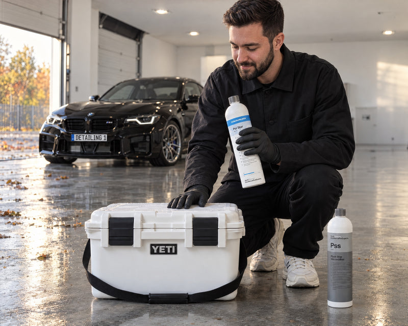 Daniel van Detailing1 met COLOURLOCK Pol Star bij de YETI LoadOut GoBox 30, ernaast Koch-Chemie Plast Star Pss, BMW M2