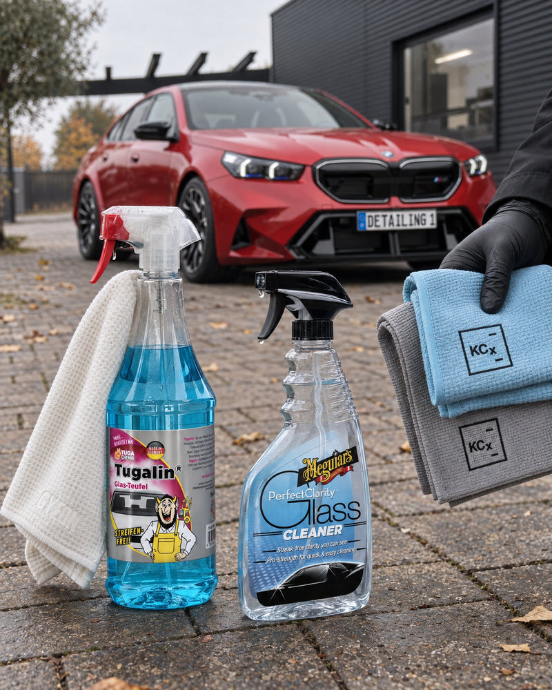 Tugalin Glas-Teufel, Meguiar's Perfect Clarity, GYEON GlassWipe EVO en Koch-Chemie Pro Glass Towel voor een BMW M5 — te zien in het artikel „Auto beslaat van binnen: waarom een schone ruit langer helder blijft”