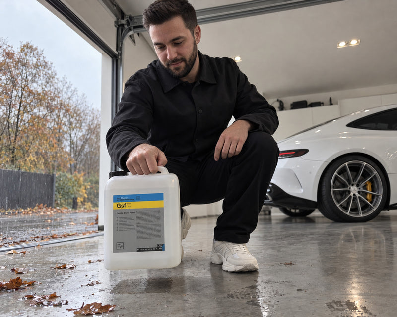 Detailing1 Autoverzorging goed opslaan — Daniel tilt de Koch-Chemie Gsf 5-literjerrycan van de koude vloer bij de open poort