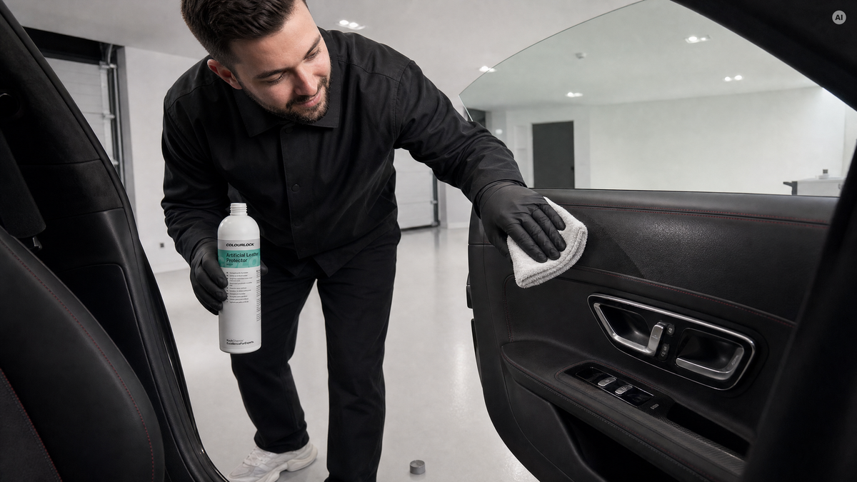 Tuch zieht Versiegelung über die Kunstleder-Türverkleidung — Kunstleder-Versiegelung von COLOURLOCK bei Detailing1