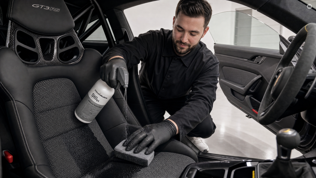 Schwamm arbeitet die Textilversiegelung ins Gewebe — Textilversiegelung von COLOURLOCK bei Detailing1