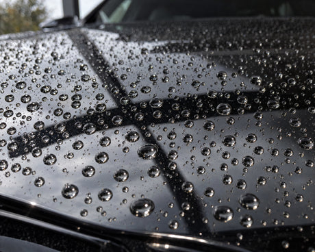 Detailing1 resultaat op de zwarte BMW M5 — ronde waterparels op de vers beschermde motorkap