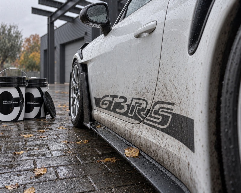 Koch-Chemie Detailing Bucket: twee wasemmers naast het vuile portier van een witte Porsche 911 GT3 RS in de herfstregen