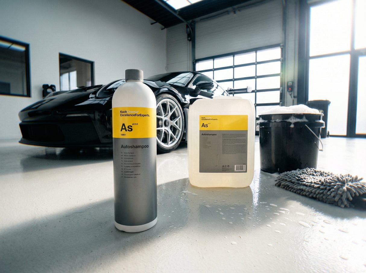 Koch-Chemie Autoshampoo As Hero-Bild im Detailing-Studio mit Porsche GT3 RS