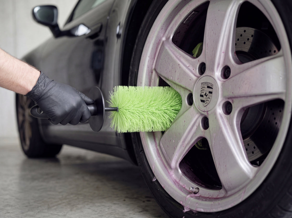 Felgenbürste wird mit Nitrilhandschuh zwischen Speichen einer Porsche Fuchsfelge geführt während pink-violetter Alu-Teufel Gel-Reaktion sichtbar ist